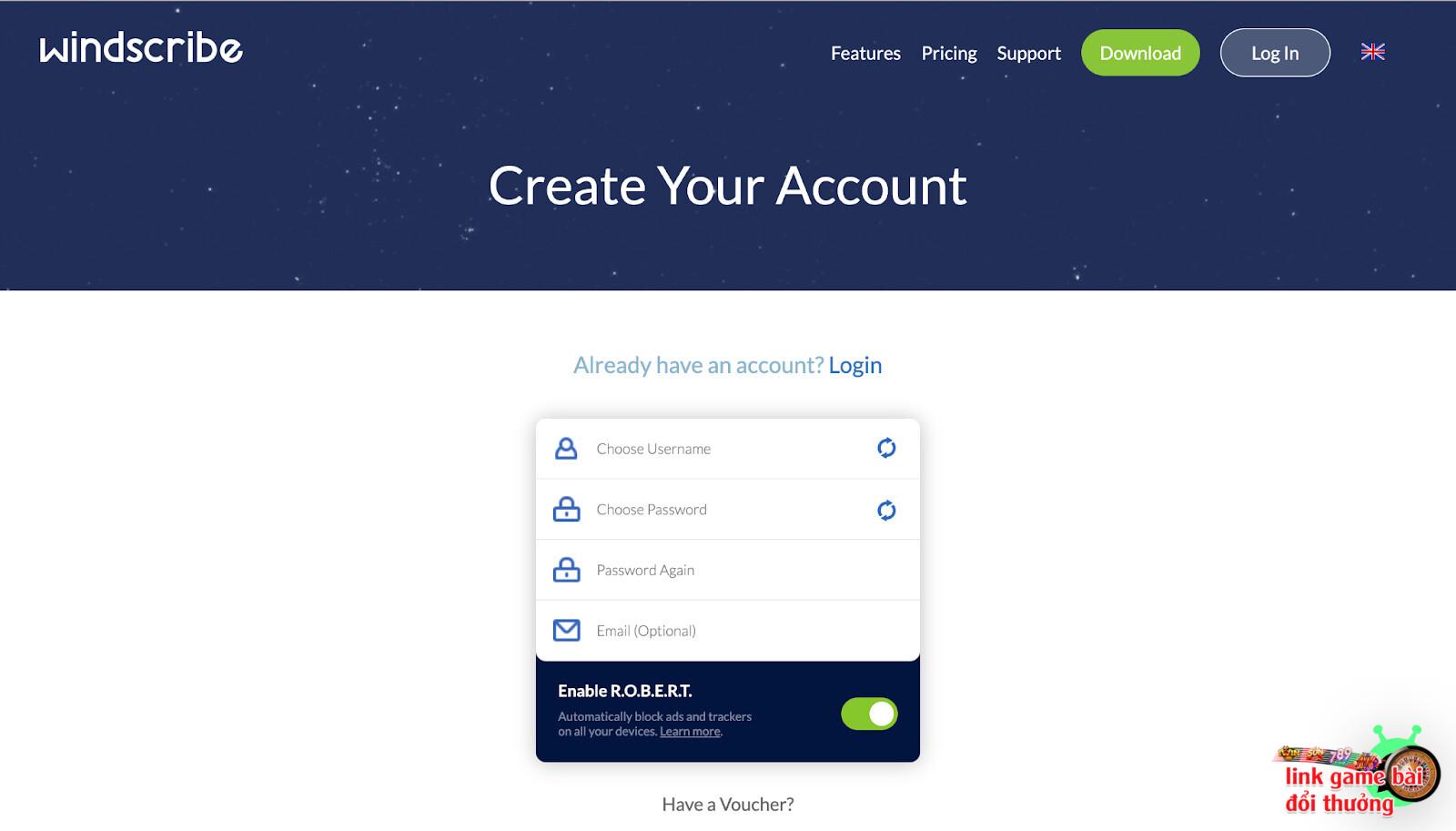 Giao diện trang chủ Windscribe để đăng ký tài khoản 